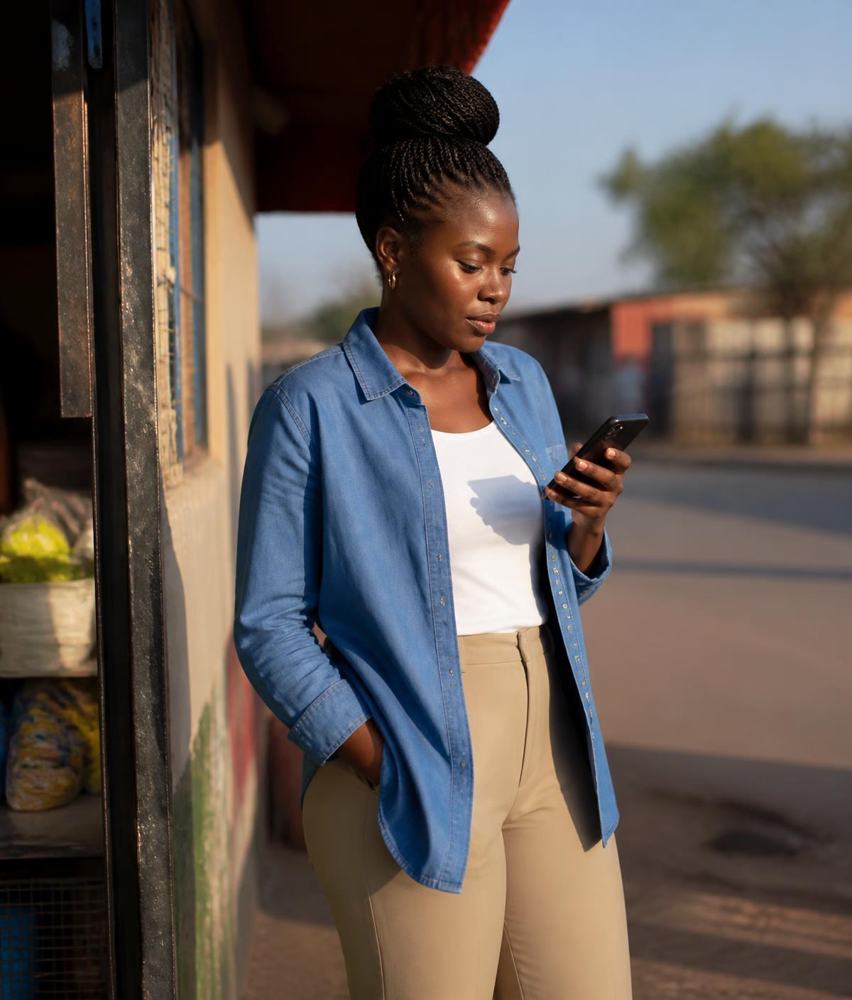 A customer using a mobile phone outside a neighbourhood retail store in Johannesburg